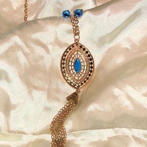 🆕Long gold necklace w/blue center & earrings NWT